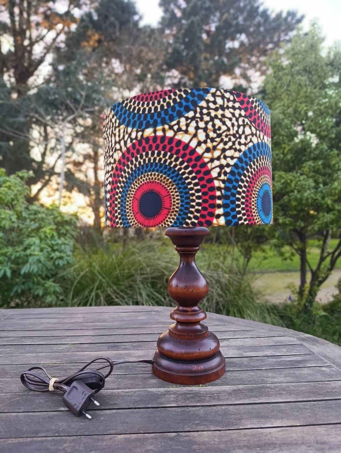 rustic chic solid wood lamp, ethnic wax lampshade with circles