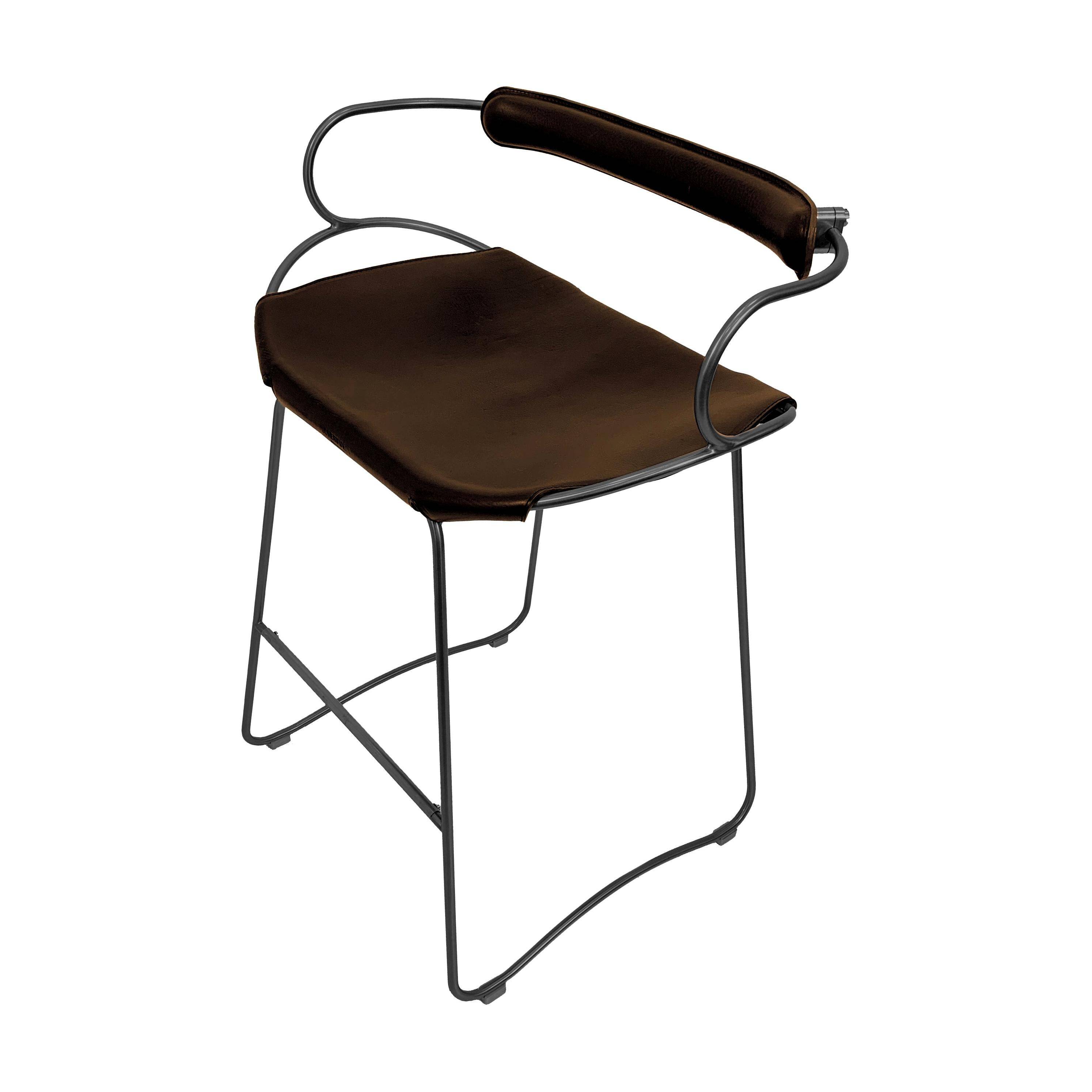 Kitchen bar stool with a smoked black metal back and dark brown leather.