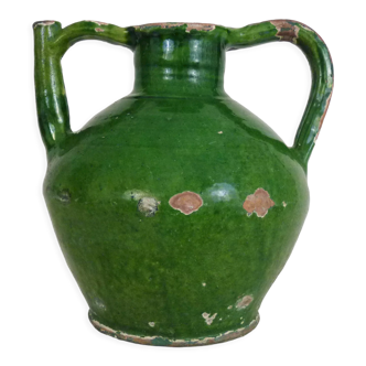 Pichet à eau Orjol poterie en terre cuite vernissé vert, sud ouest de la france, pyrénées