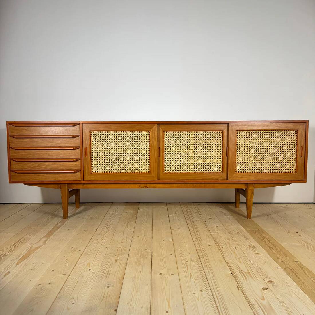 Vintage teak sideboard with rattan doors and drawers – Scandinavian design