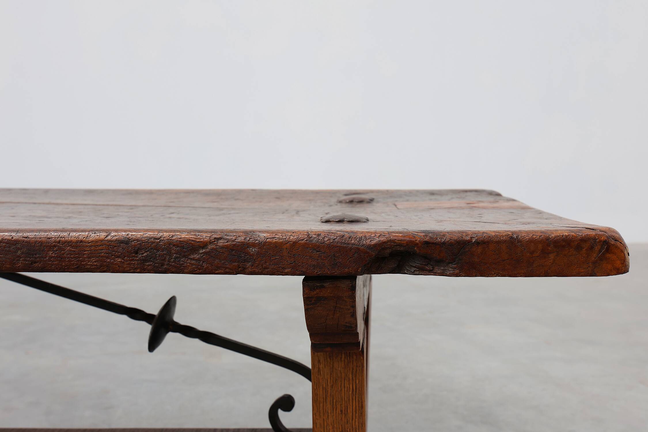 17th Century Spanish Brutalist coffee table in wood and wrought iron