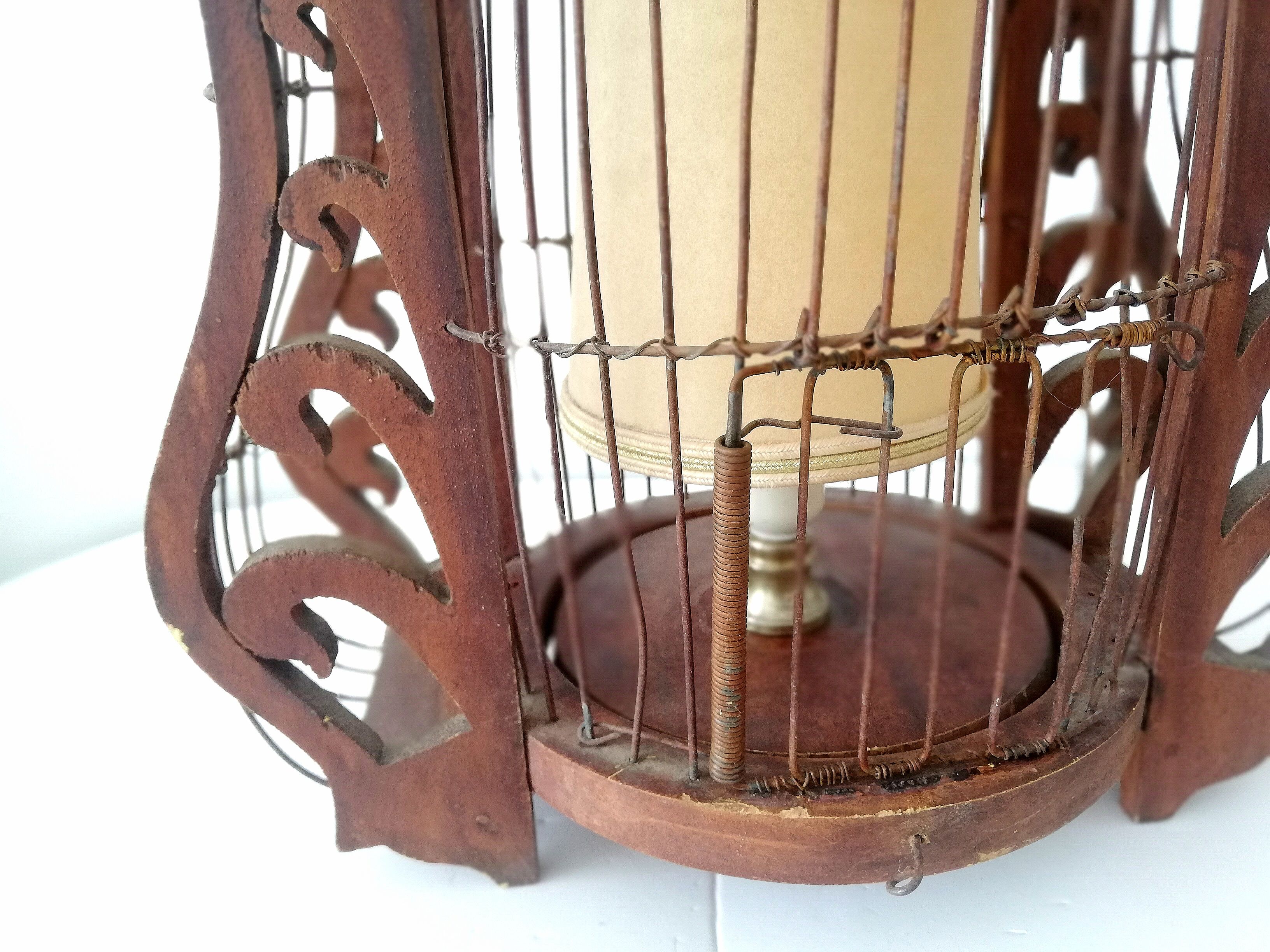 Antique wooden birdcage table lamp light bird home vintage