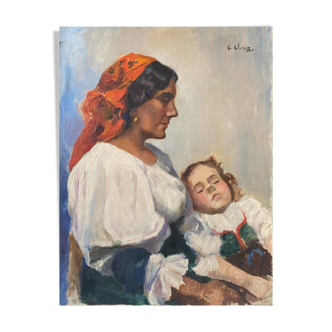 Tableau HST Belle maternité avec enfant endormi signée G. Gloria début XX°