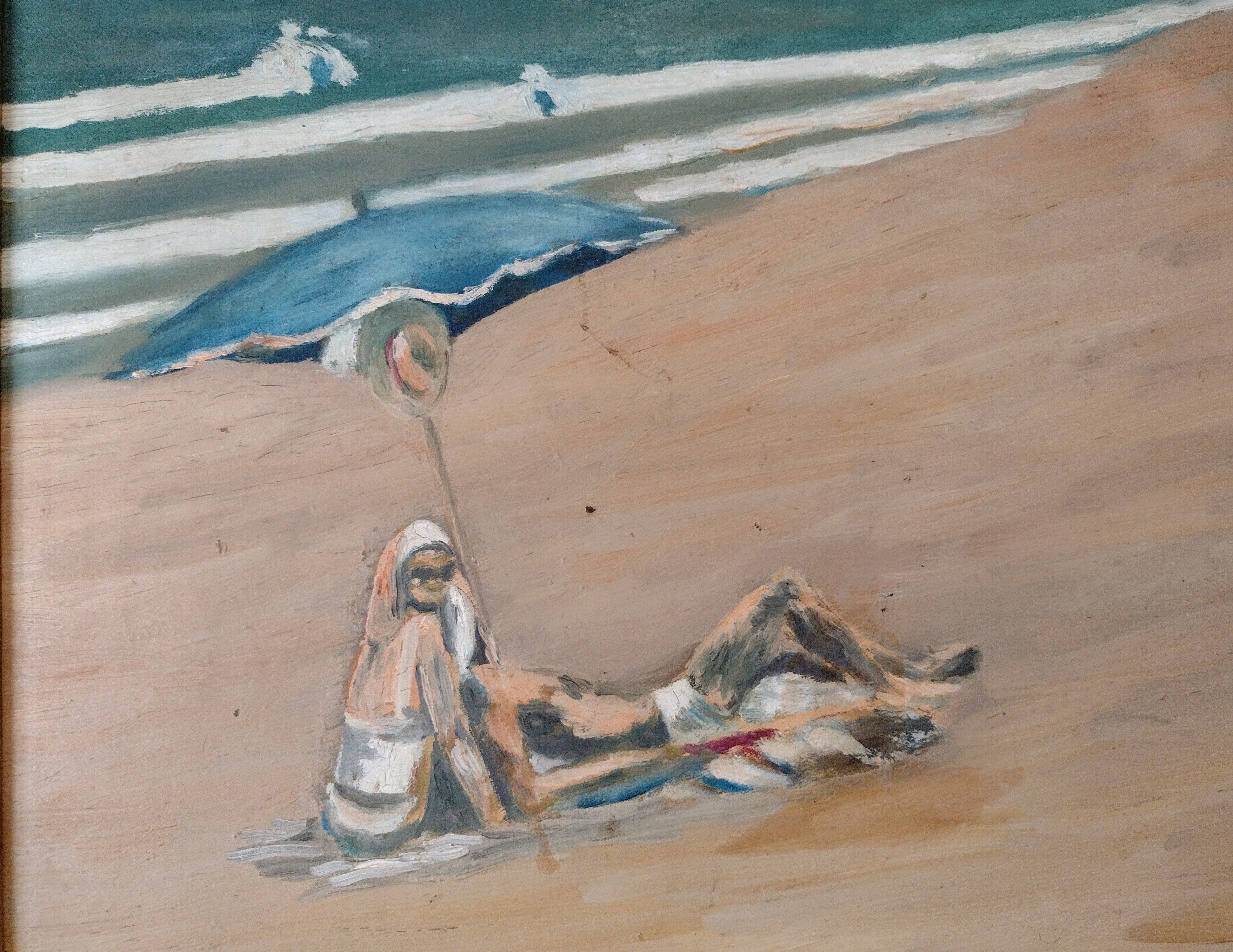 Mid century oil painting The Sunbathers