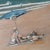Mid century oil painting The Sunbathers