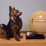 Table lamp, art deco, marble, opaline, bronze patinated metal decoration, switch