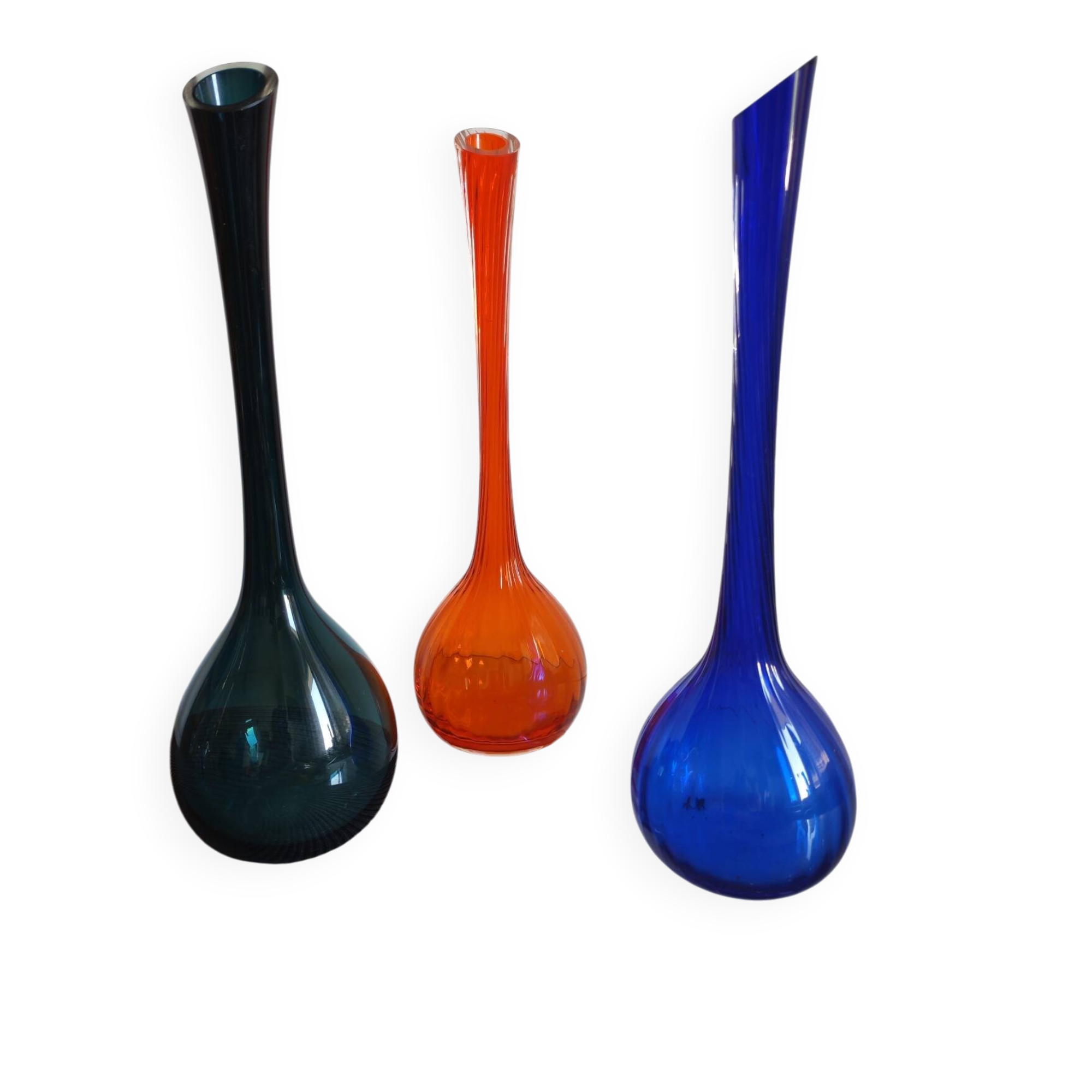 Set of 3 Scandinavian and Polish glass bottle vases from the 1970s.