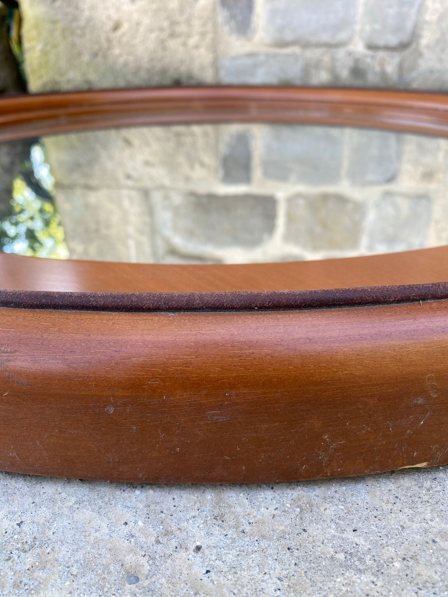 1970 wood and leather 86cm round mirror design