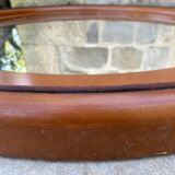 1970 wood and leather 86cm round mirror design