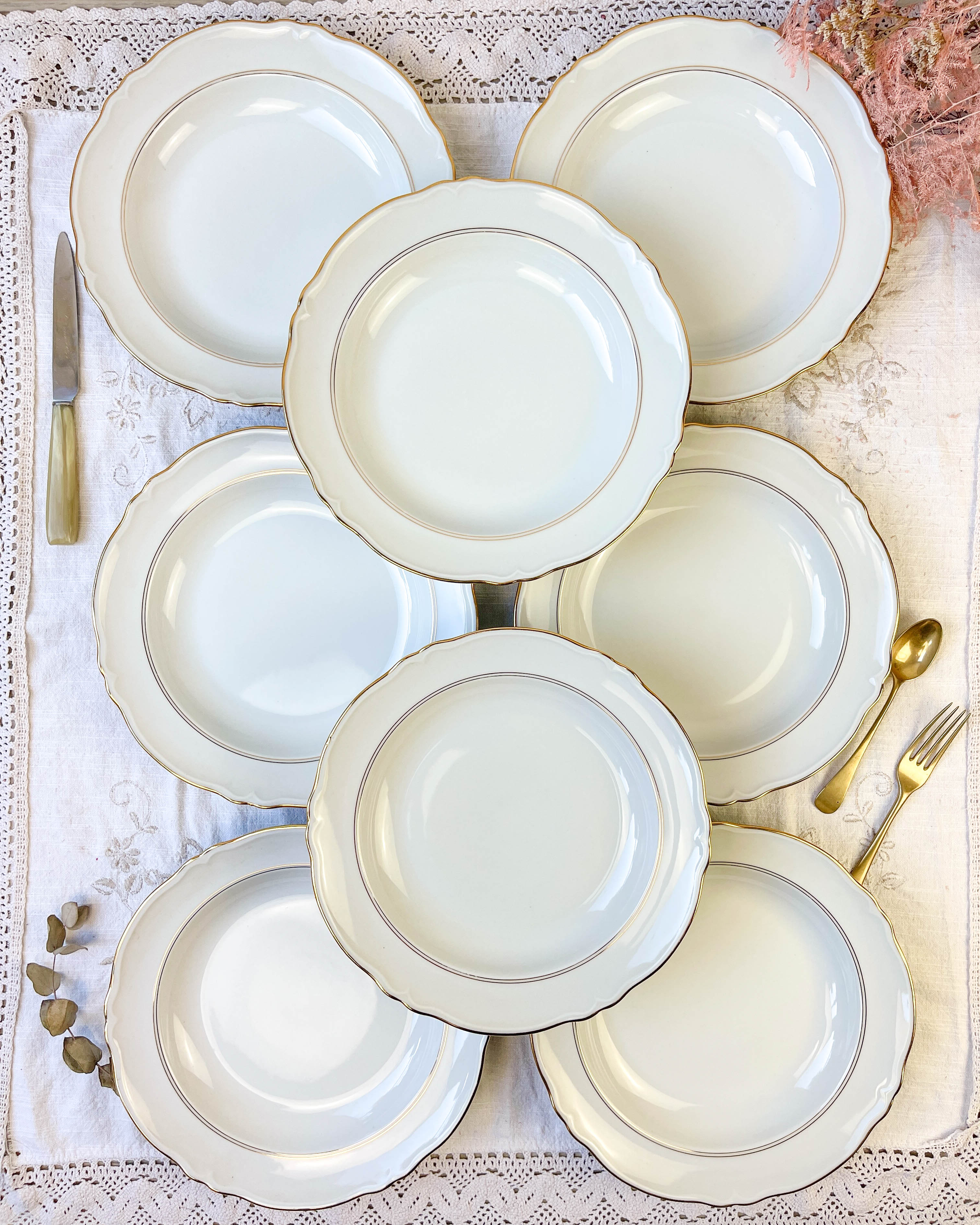 8 assiettes creuses porcelaine blanche doré cenpor limoges