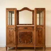 Art Deco display cabinet in walnut and burl, marble top and bevelled mirror, 1930s.