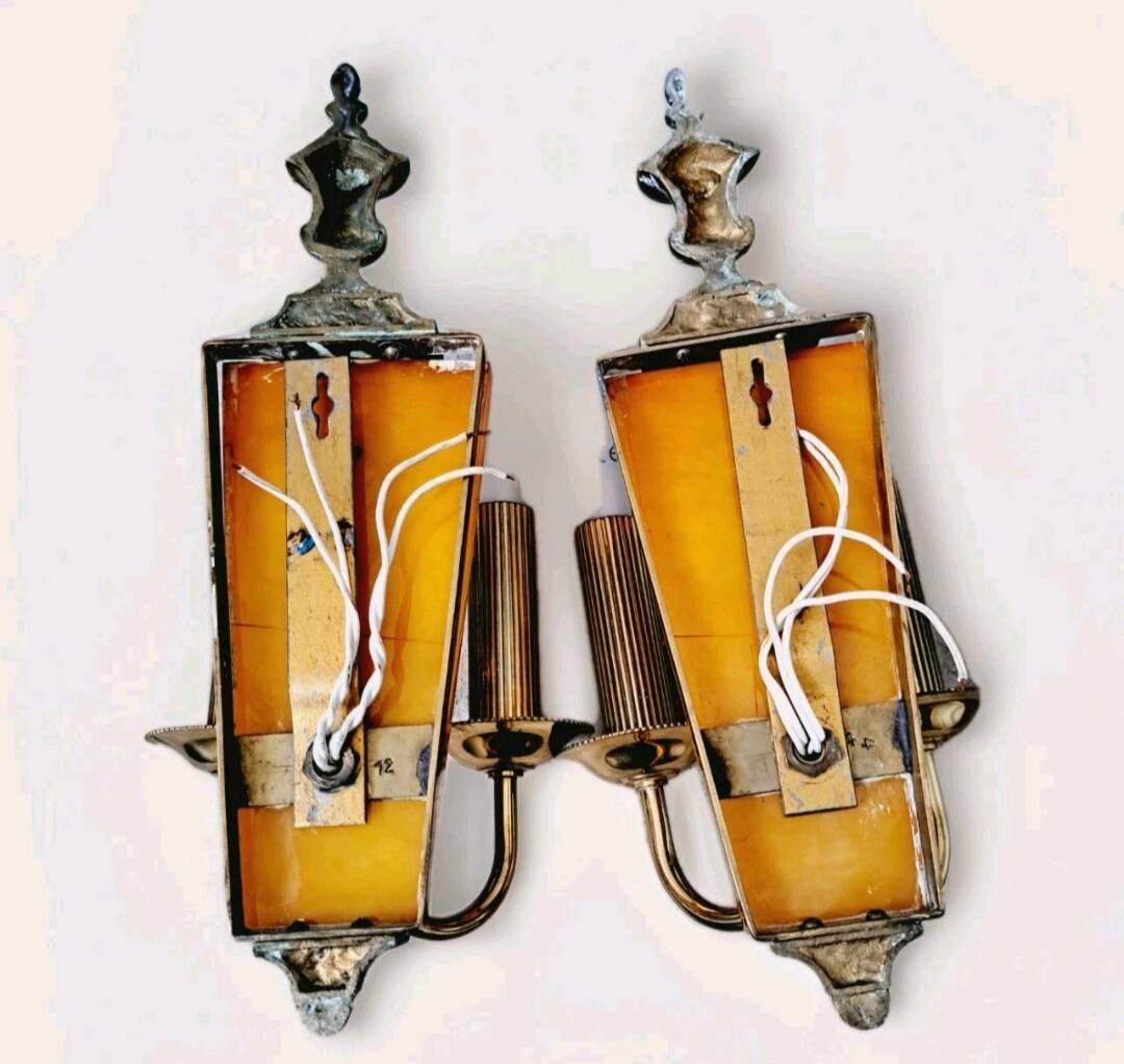 Antique pair of brass bakelite wall lights
