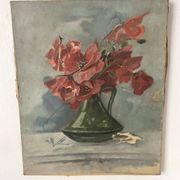 Old painting of a bouquet of poppies, canvas on a flower frame