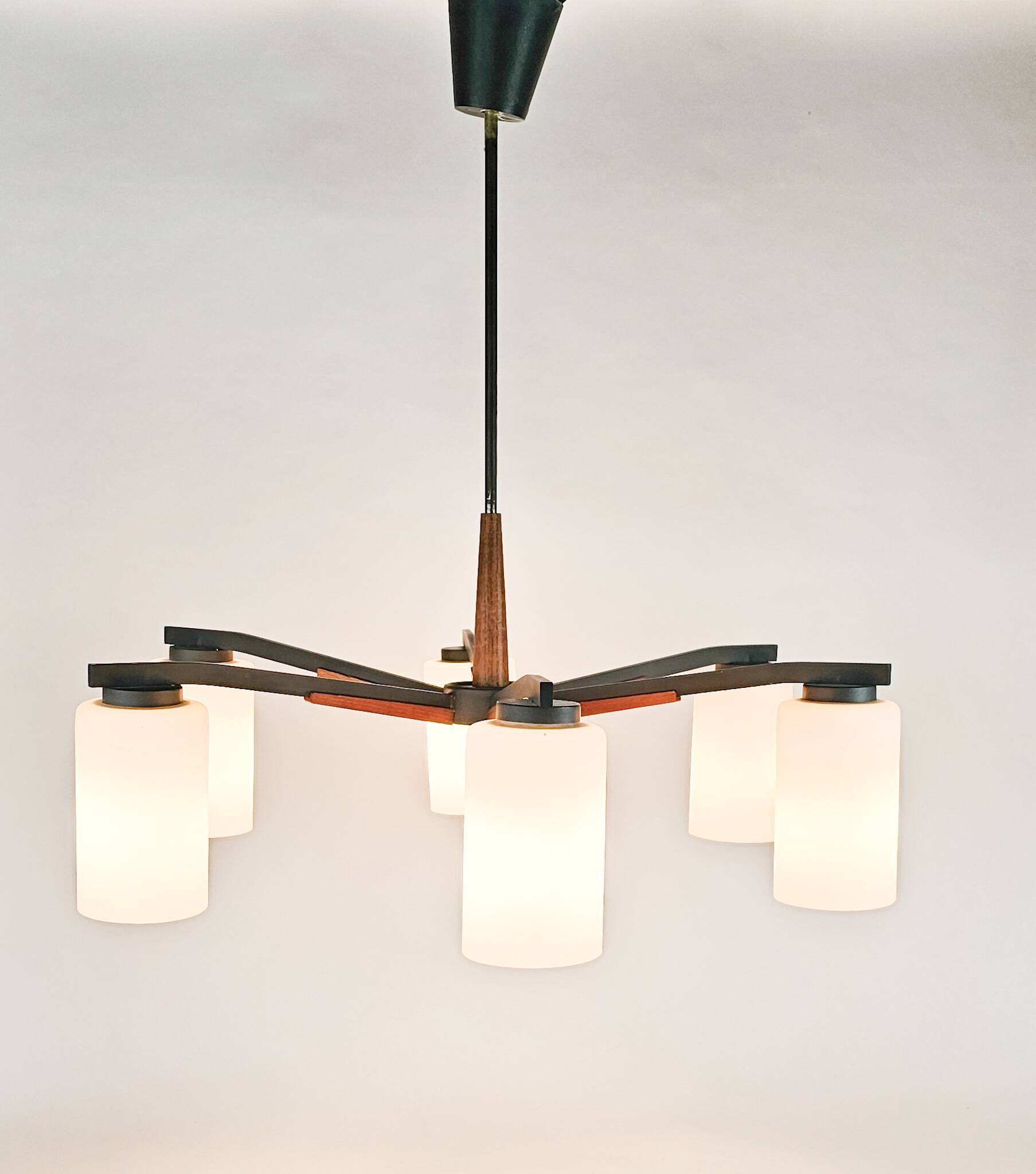 Vintage - Denemarken - 6 armige plafonlamp - teak - metaal - opaal glas - 60's