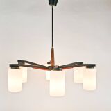 Vintage - Denemarken - 6 armige plafonlamp - teak - metaal - opaal glas - 60's