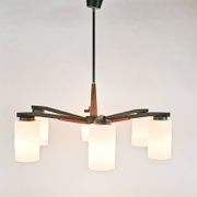 Vintage - Denemarken - 6 armige plafonlamp - teak - metaal - opaal glas - 60's