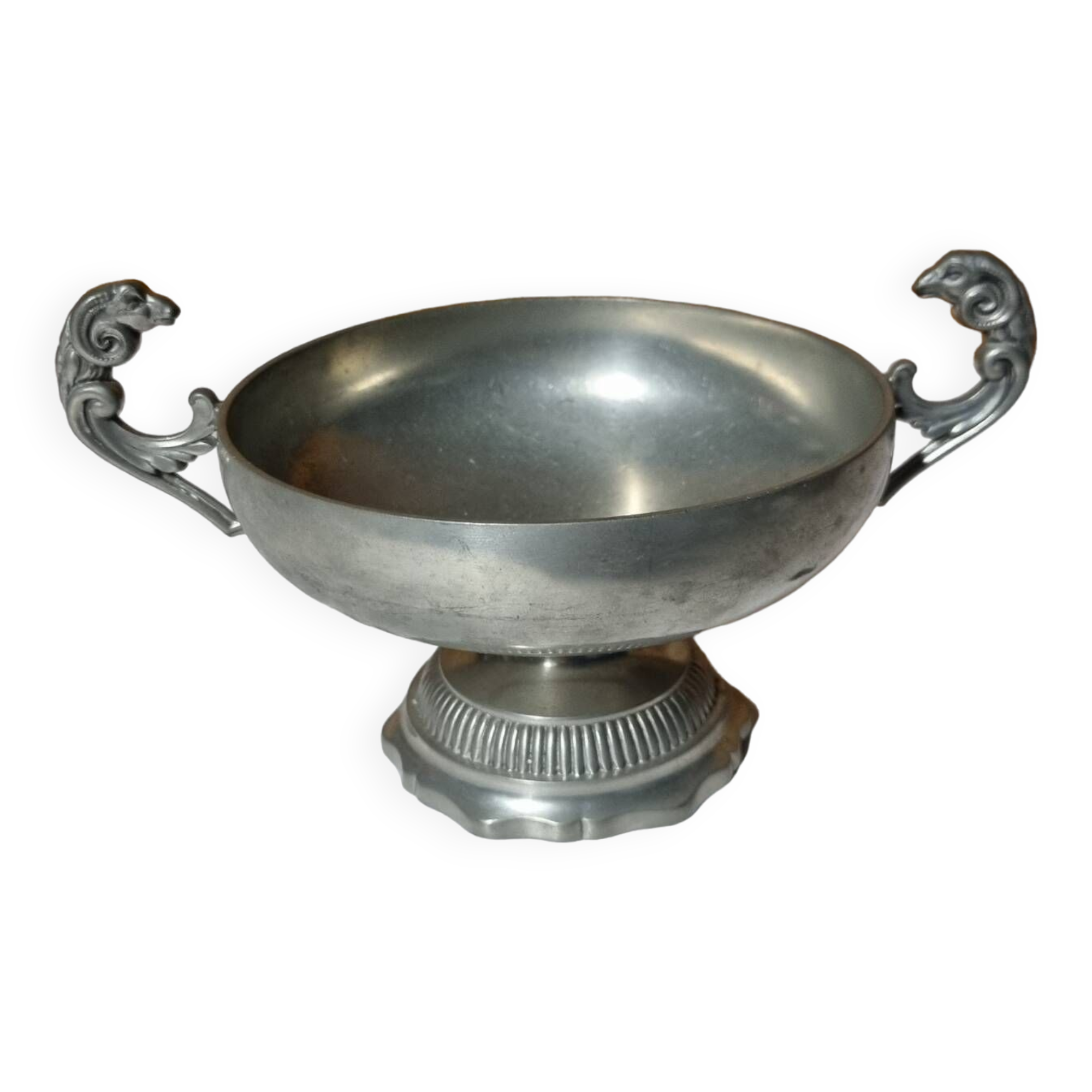 Burgundy footed cup in pewter with ram's head
