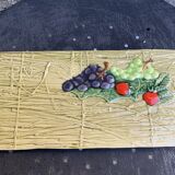 Rectangular cake dish in enameled ceramic, slip, fruit model, straw effect, vintage