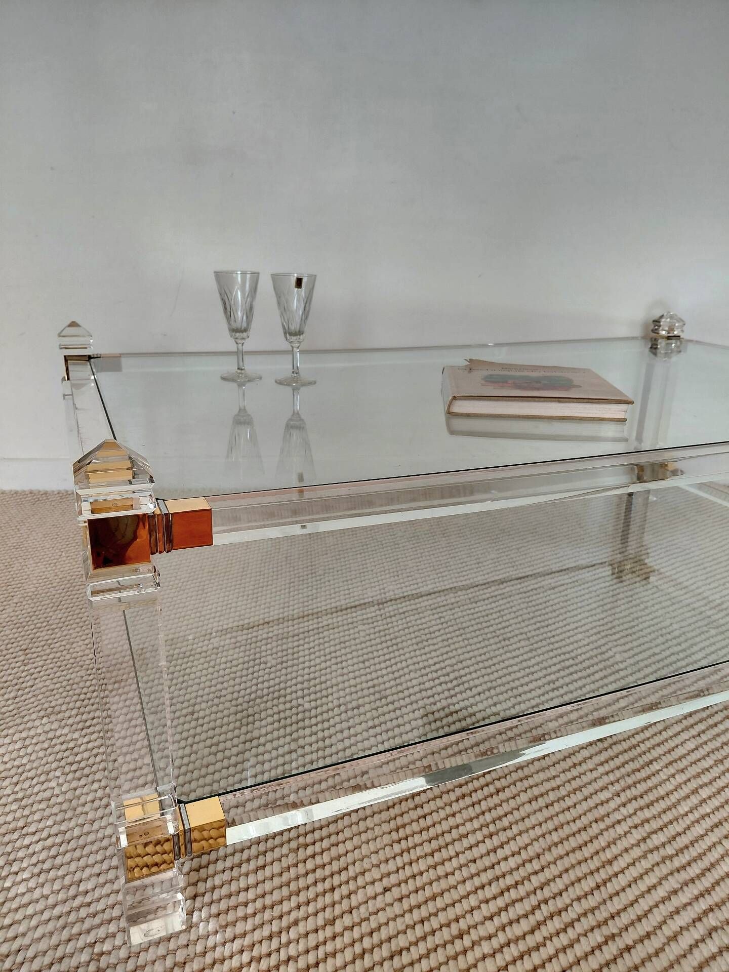 Large Hollywood Regency coffee table Lucite Brass double top 70s