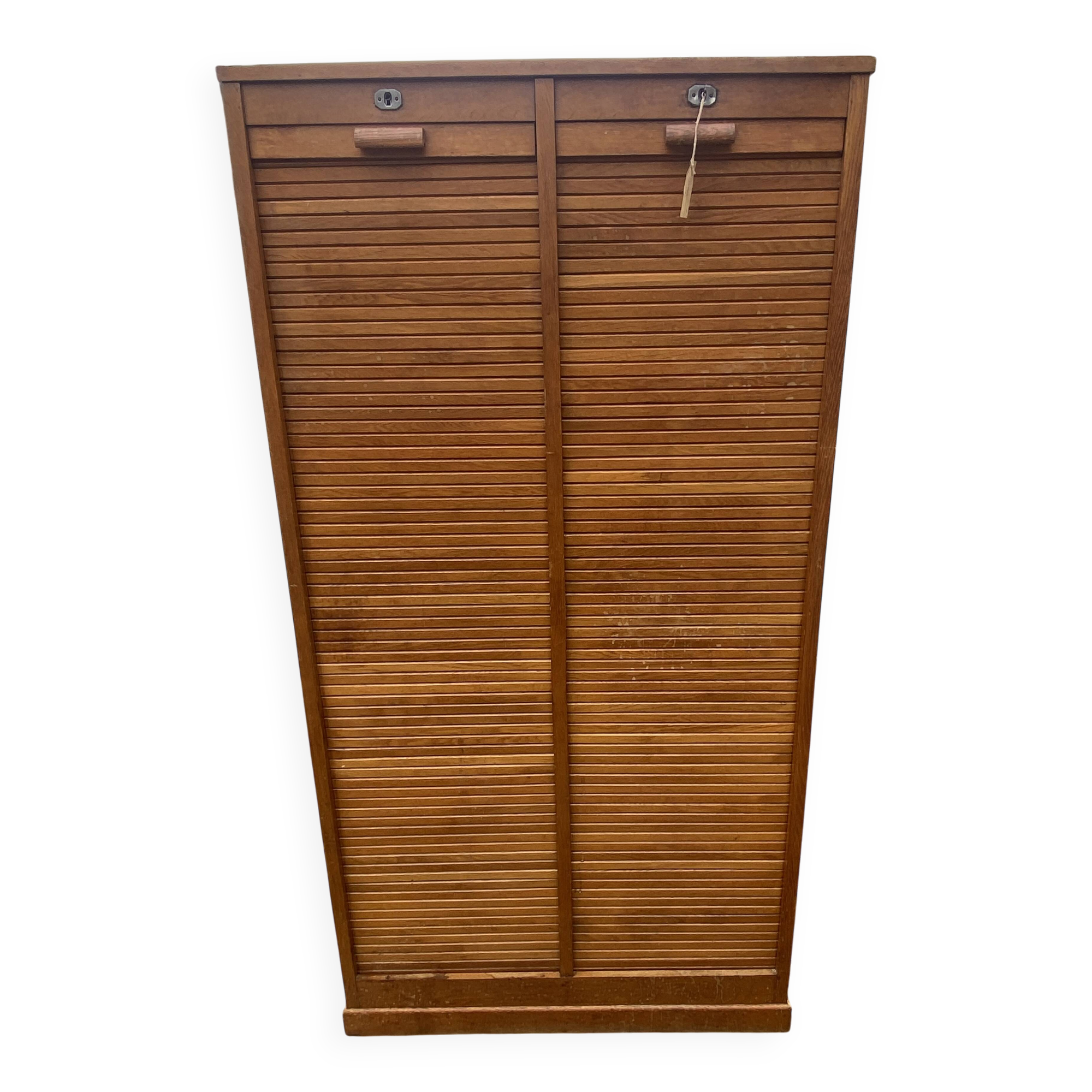 Double-column oak filing cabinet with curtains, 1950s.