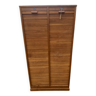 Double-column oak filing cabinet with curtains, 1950s.