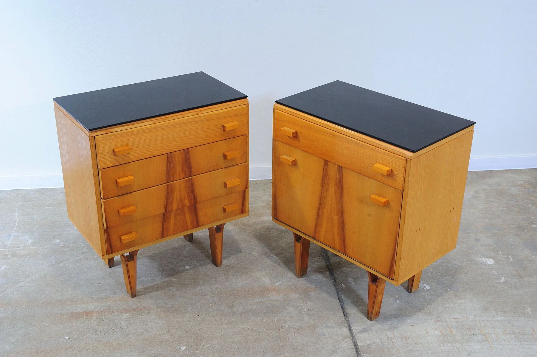 Mid-century bedside tables with ash veneer and black glass by František Mezulánik, Nový Domov, Czechoslovakia, 1970s.