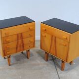 Mid-century bedside tables with ash veneer and black glass by František Mezulánik, Nový Domov, Czechoslovakia, 1970s.