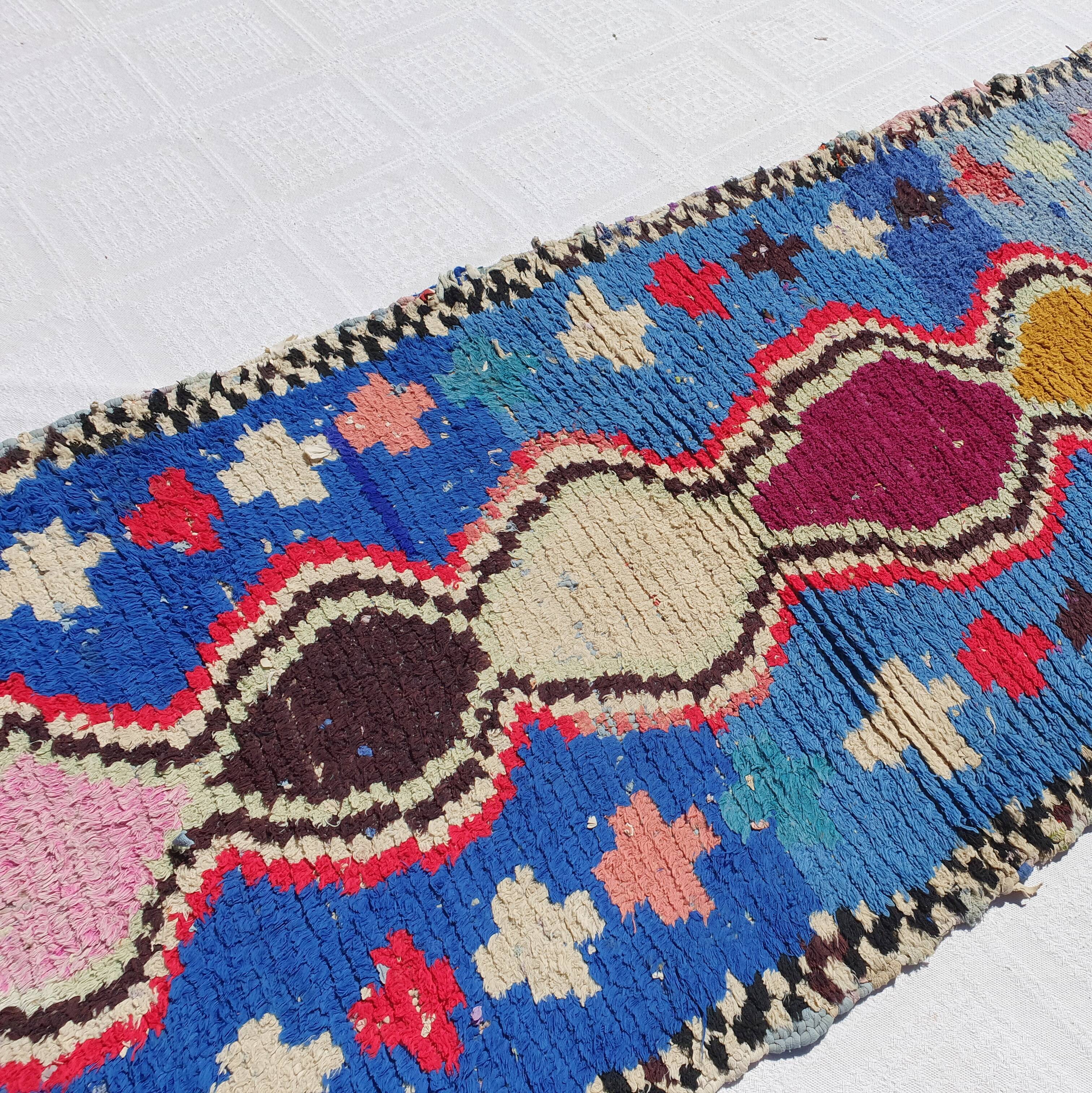 Moroccan blue Berber hallway rug hand-woven 250 x 80 cm