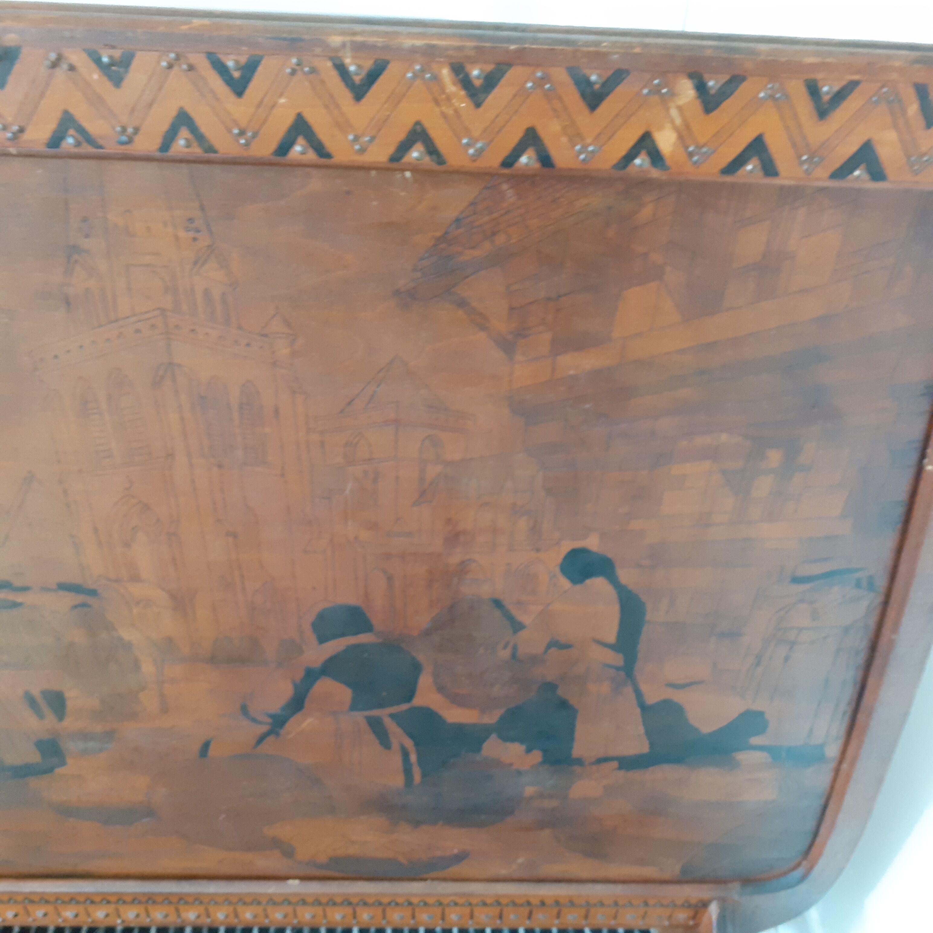 Screen-printed wooden fire pare, 1930s