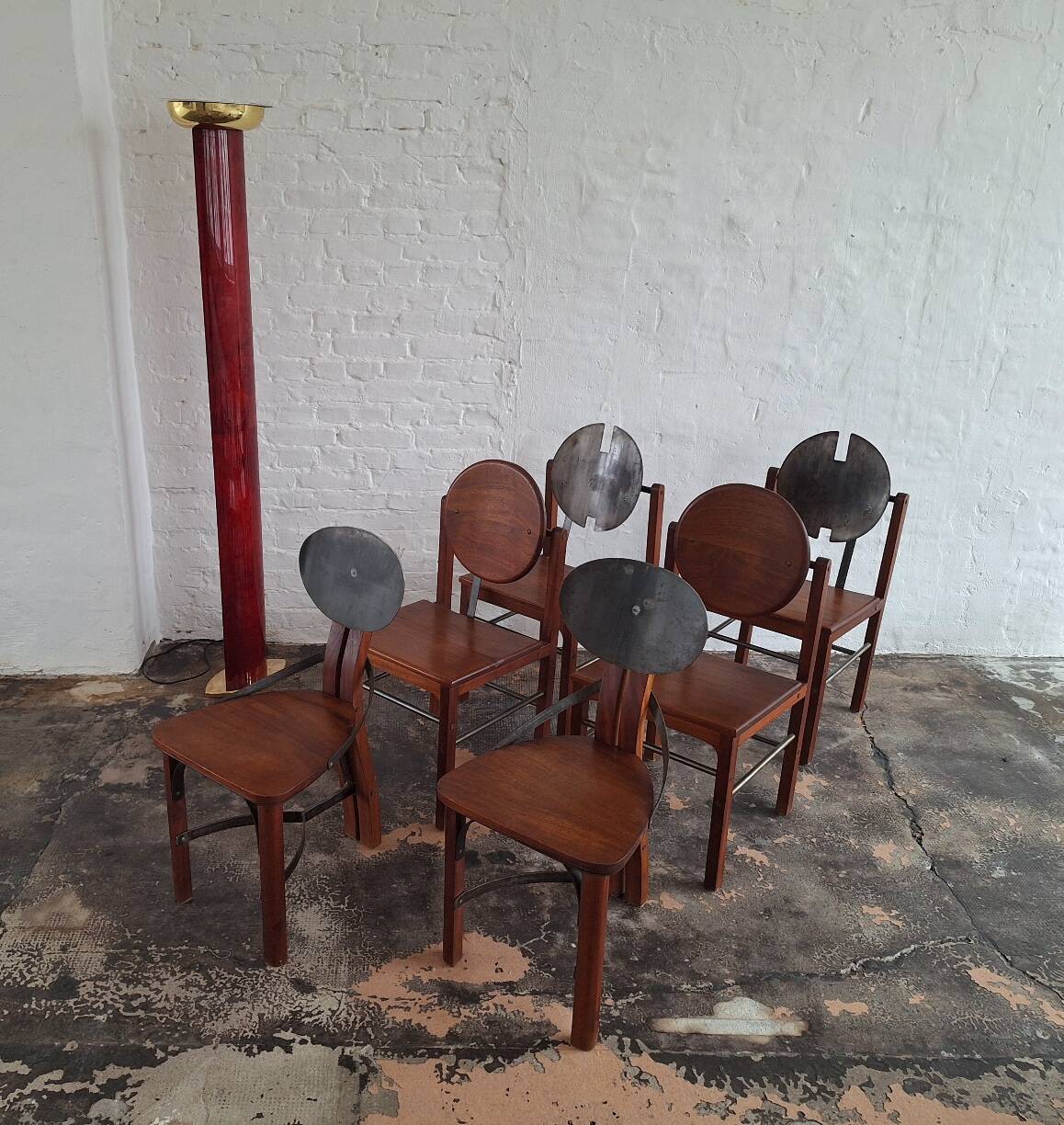Set of 6 mid century Brutalist teak and steel dining chairs, 1960s