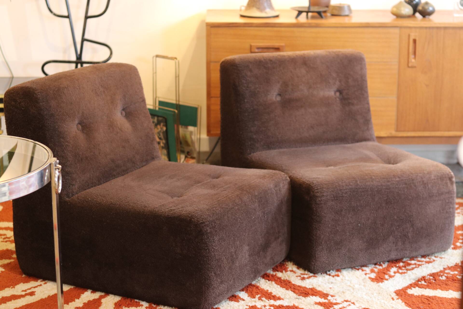 Pair of vintage brown fabric armchairs