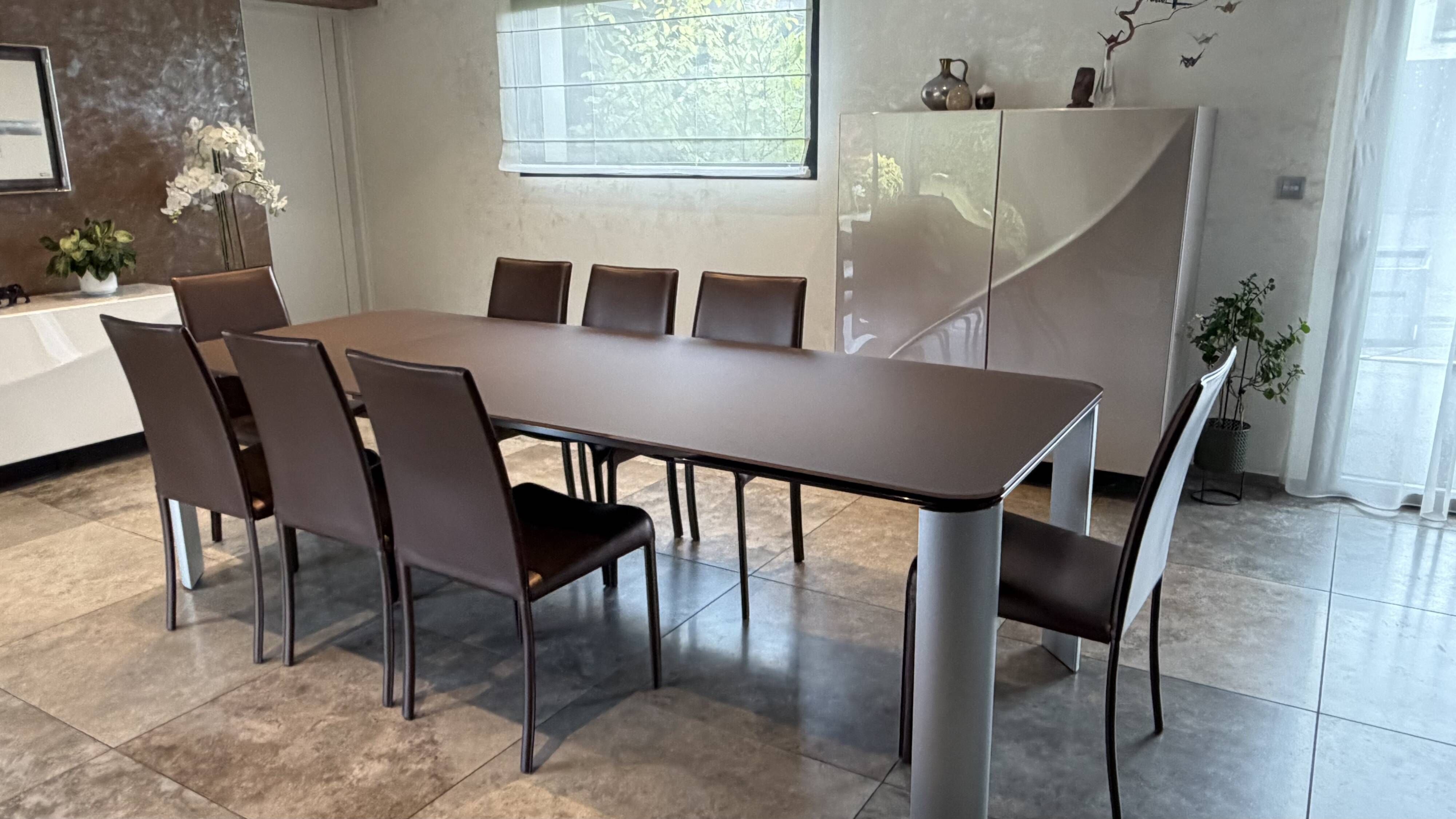 1Table en verre marron satiné   + 8 chaises en cuir de salle à manger