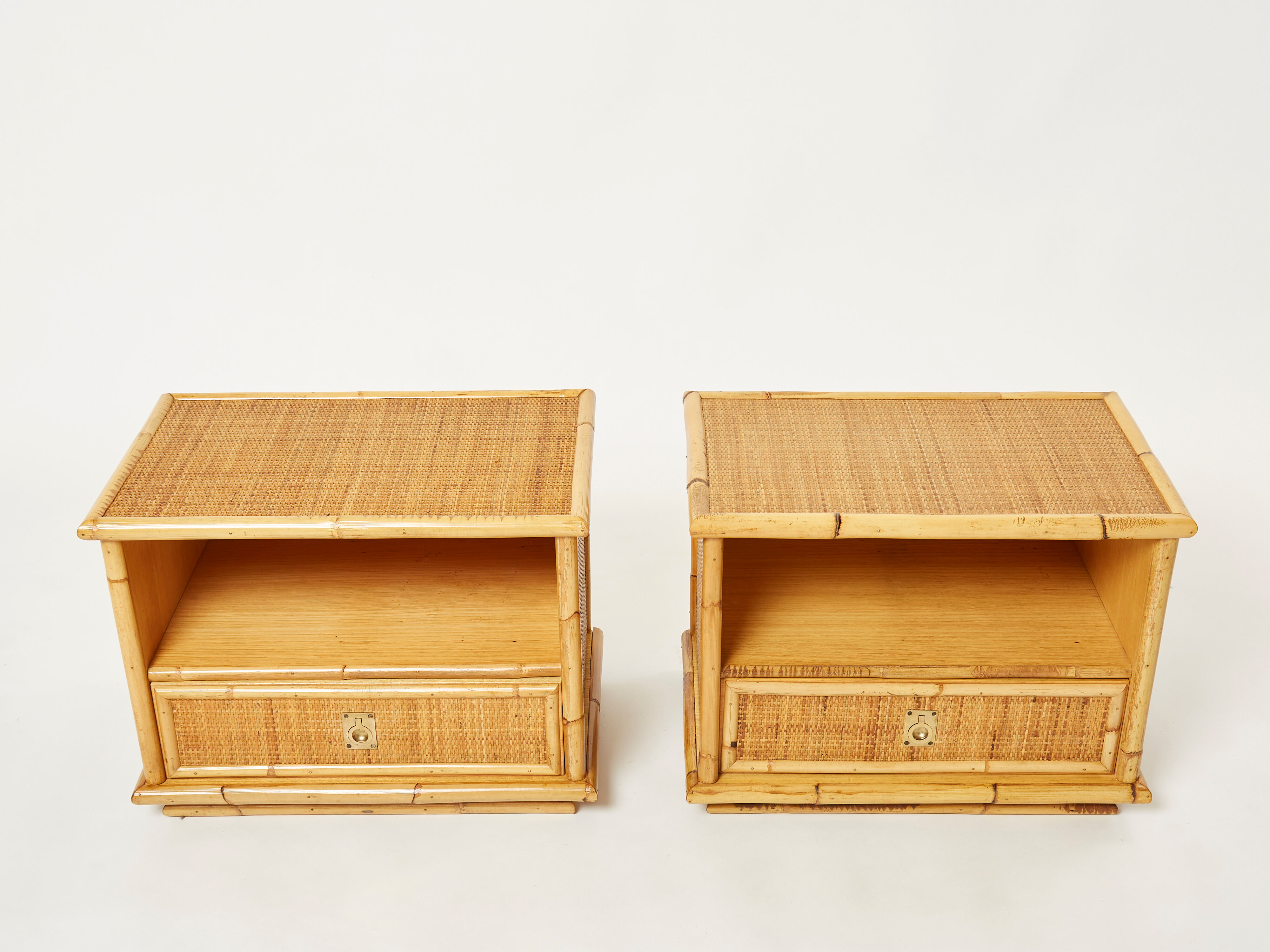 Pair of Italian bedside tables Dal Vera bamboo rattan brass 1970