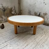 Round coffee table white ceramic and wood