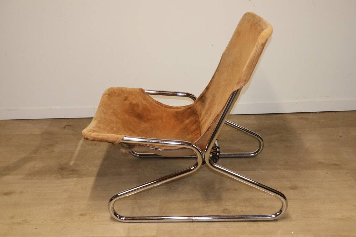Vintage Suede and Chrome Metal Armchair, 1970s