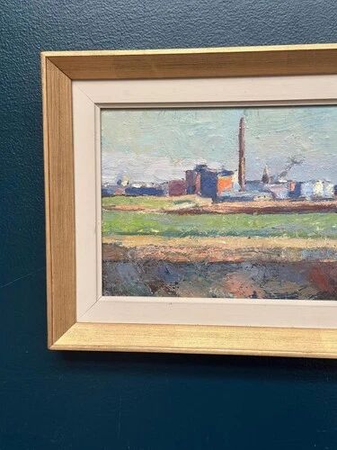 Swedish Oil on panel "Silhouette over Örebro" by HARRY THOMANDER, Framed 46x26cm
