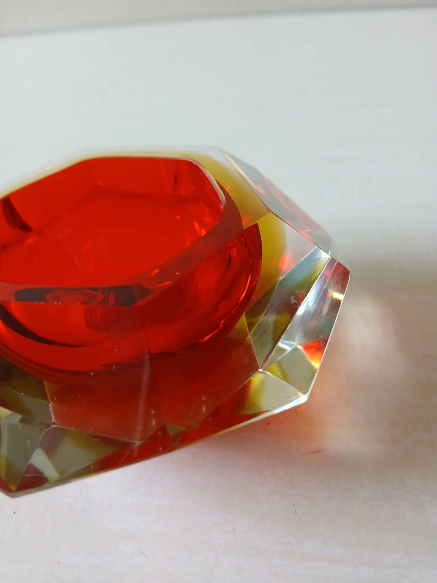 Murano ashtray Sommerso faceted glass red yellow vintage 60s-70s
