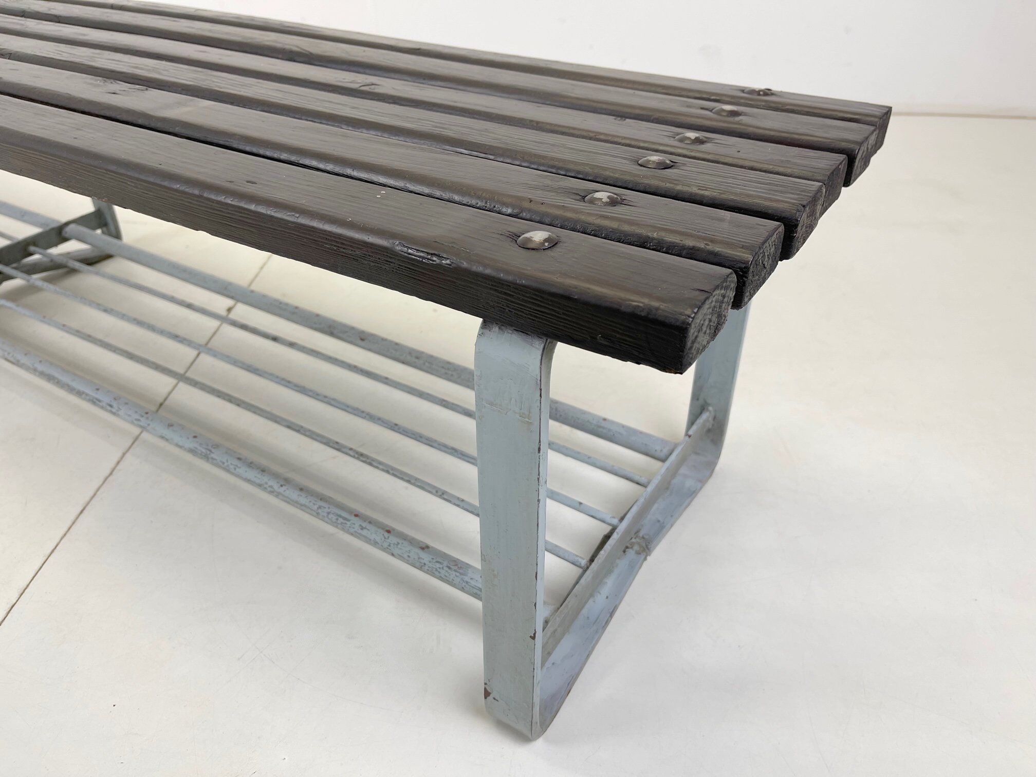 Vintage industrial metal & wood slatted bench, 1950's