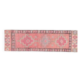 Tapis de couloir vintage turc Oushak fait main en laine et coton rose