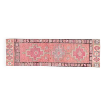 Tapis de couloir vintage turc Oushak fait main en laine et coton rose