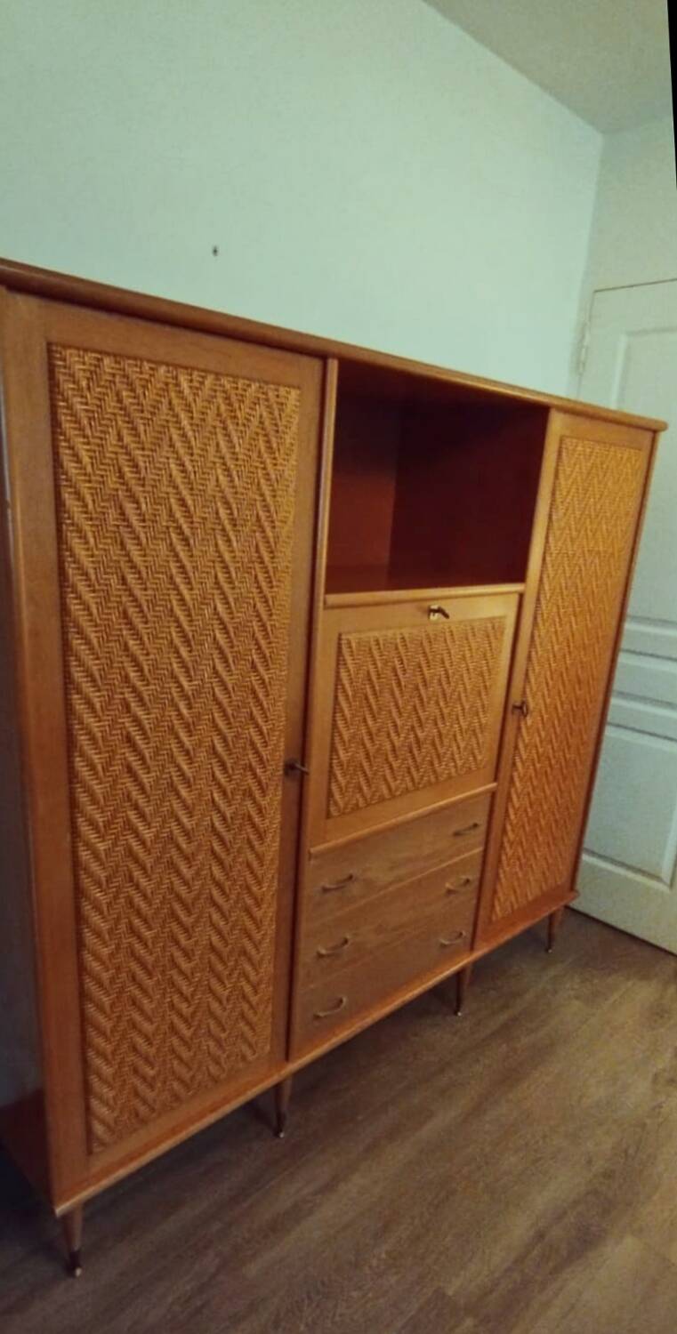 Wooden and rattan wardrobe