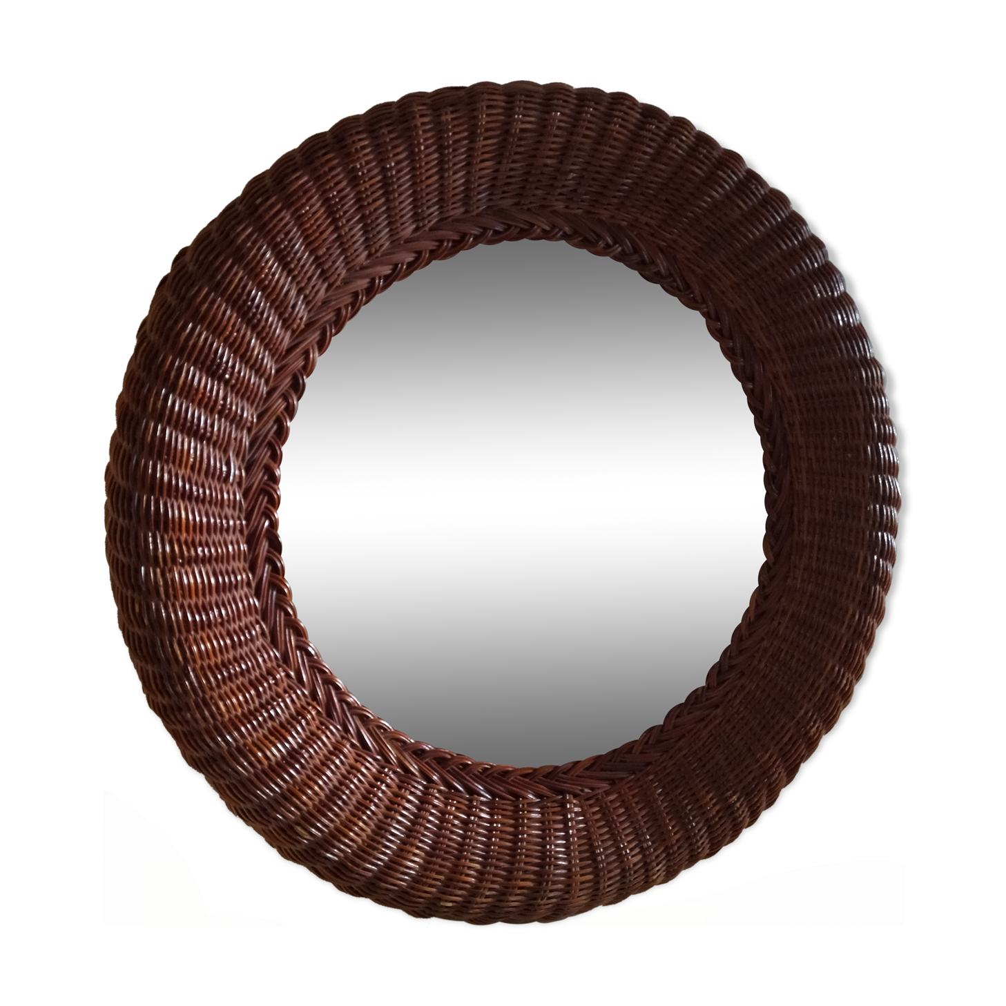 Round mirror, dark rattan