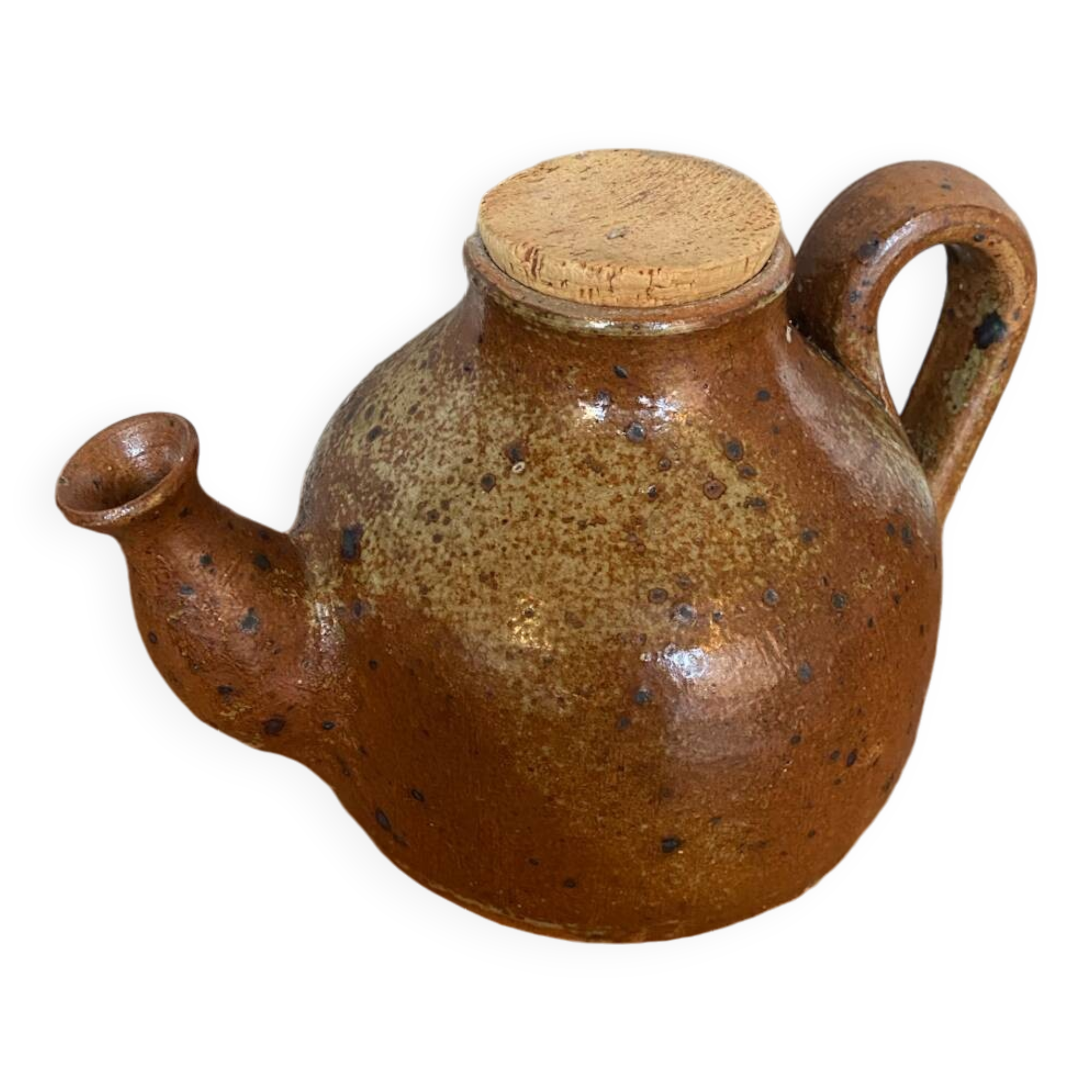 Antique brown beige pyrite stoneware teapot + vintage cork stopper