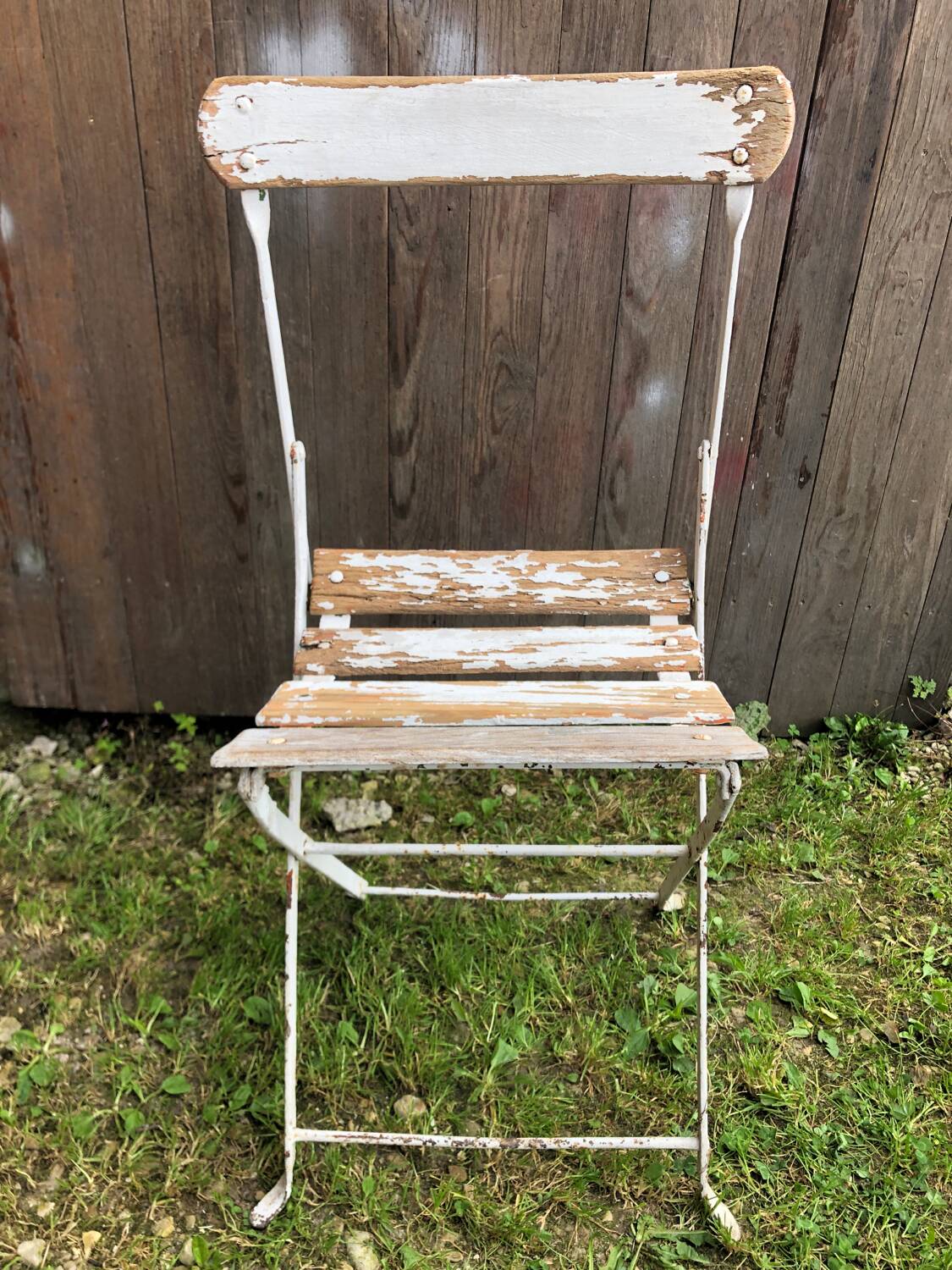 Vintage White Metal & Wood Folding Garden Chair