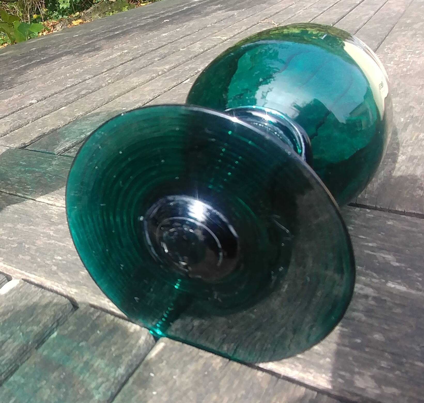 Six Roemer glasses in green blown crystal with "pastilles" decoration