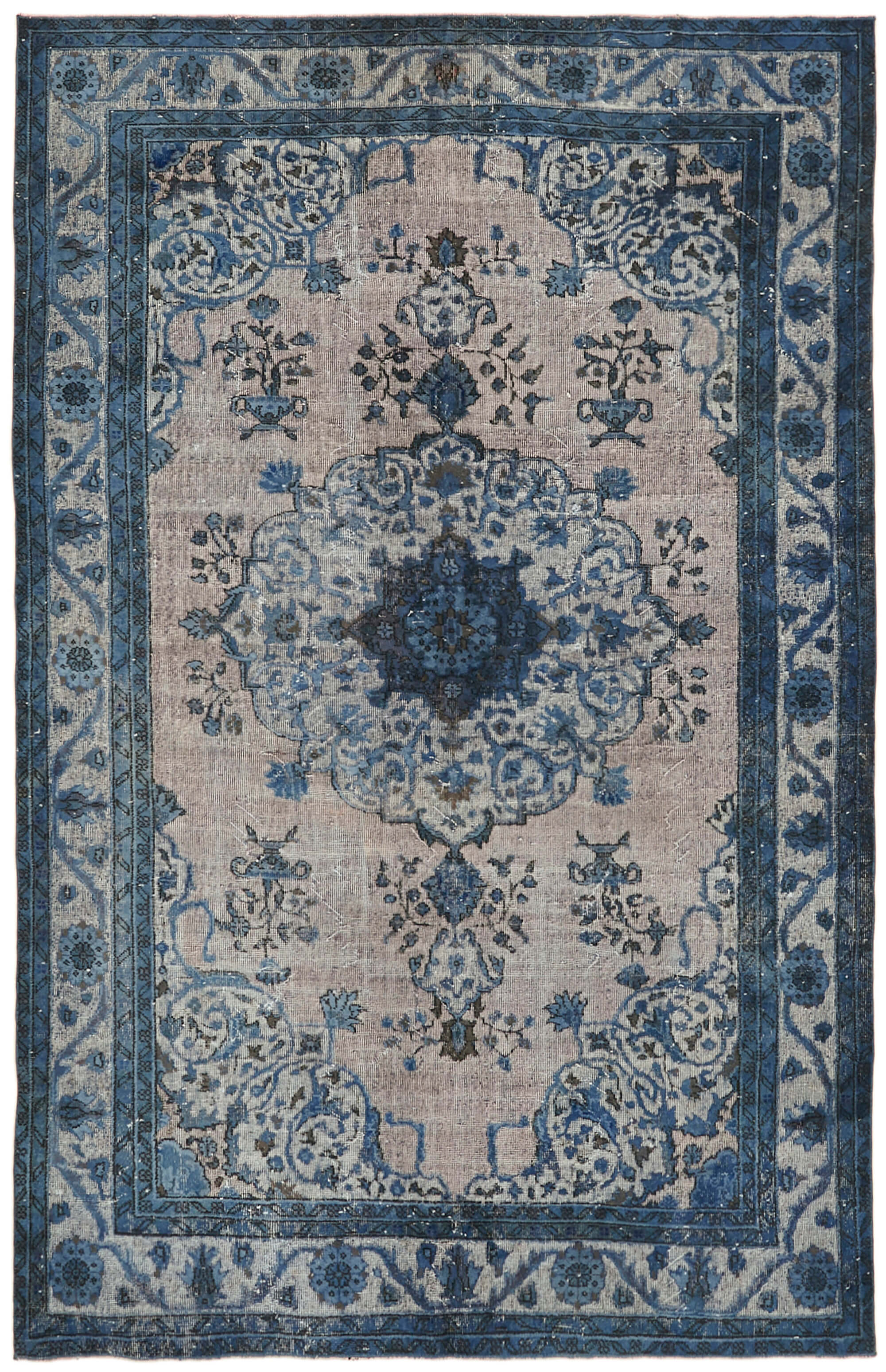 Handwoven overdyed anatolian 1970s 206 cm x 316 cm blue carpet