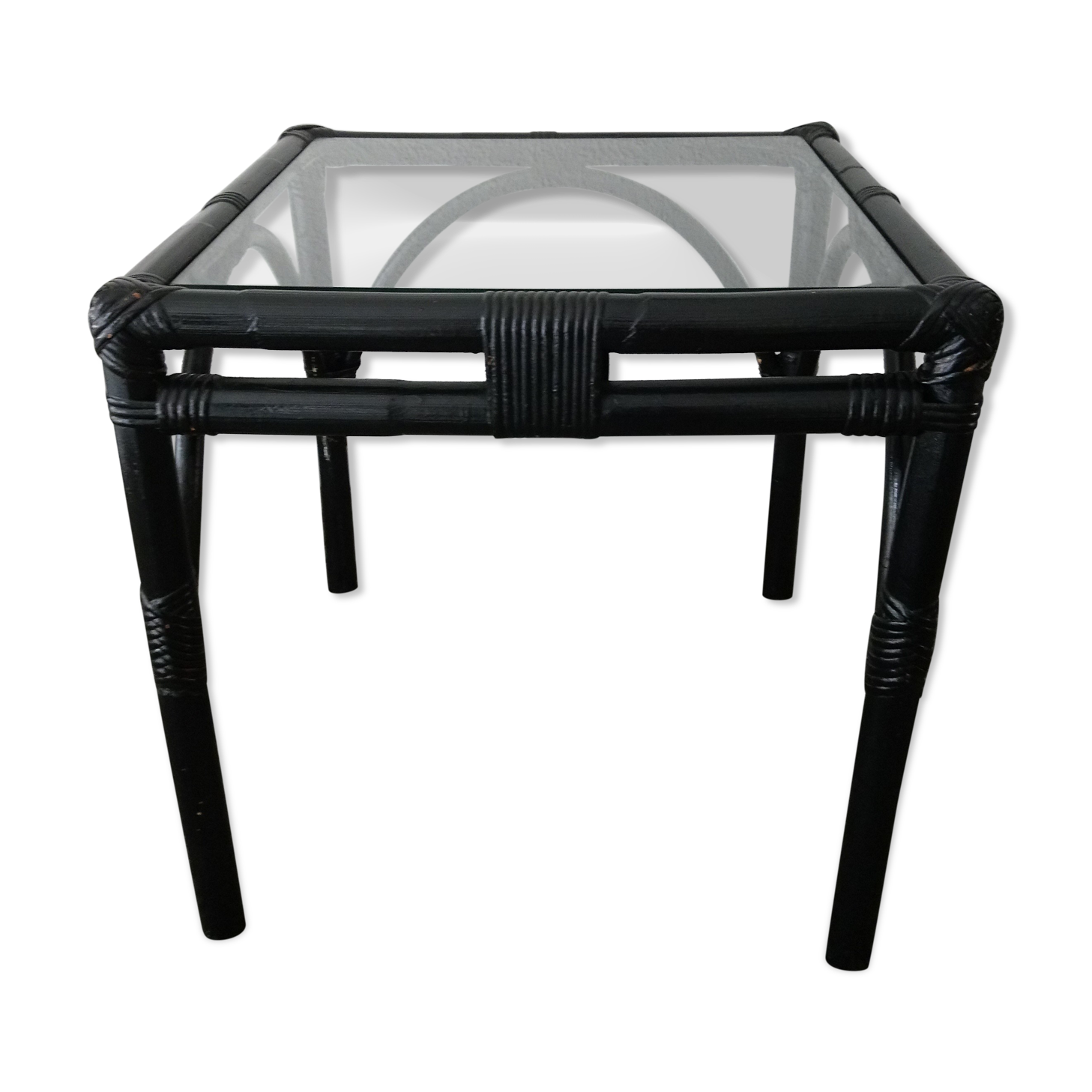 Side table in rattan bamboo and glass 70s