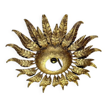 Spanish sunburst ceiling light fixture or sconce in gilt wrought iron, circa 1950s