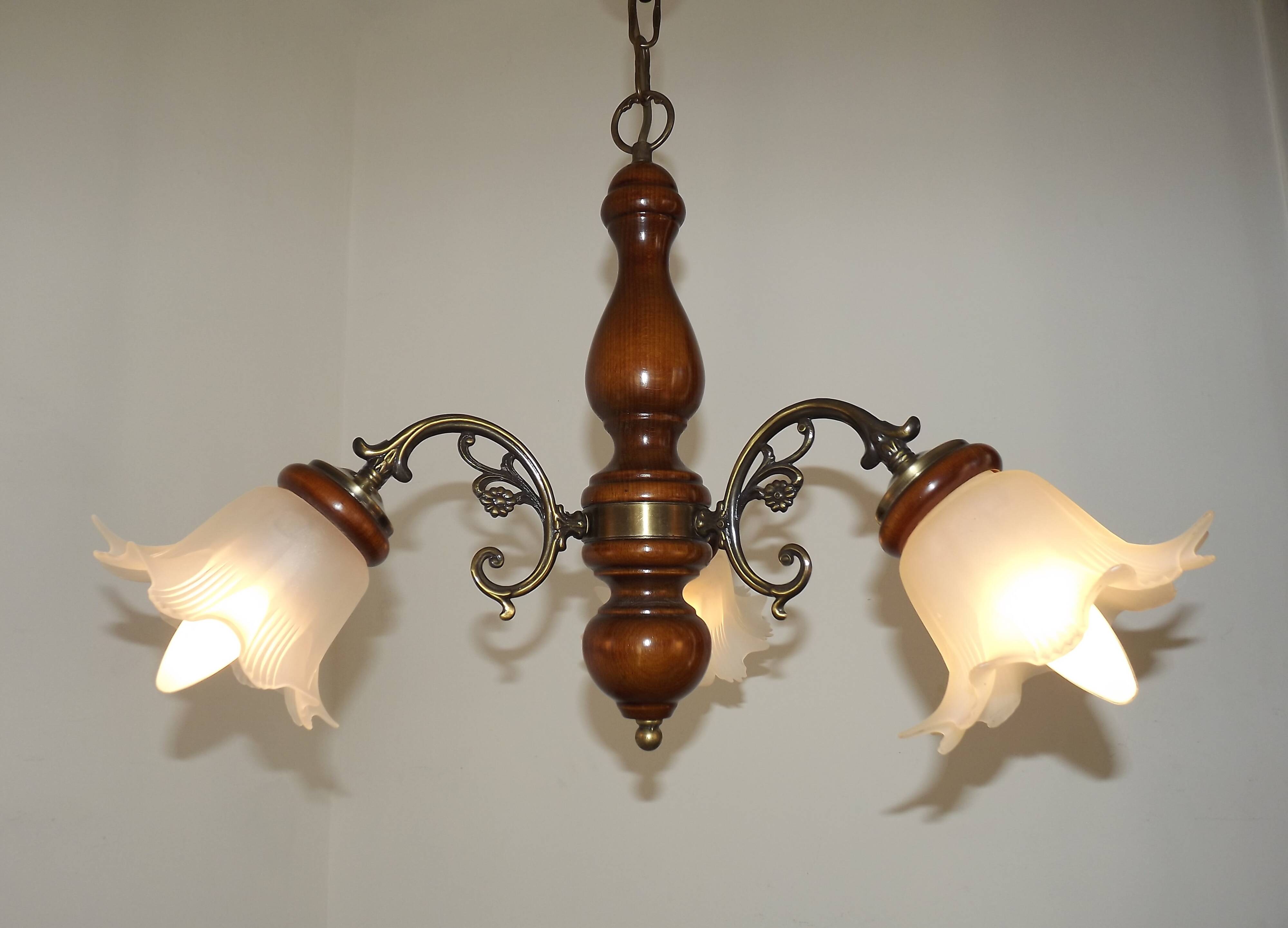 French Mid-Century 3-Light Wood and Bronzed Metal Chandelier with Glass Shades