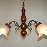 French Mid-Century 3-Light Wood and Bronzed Metal Chandelier with Glass Shades